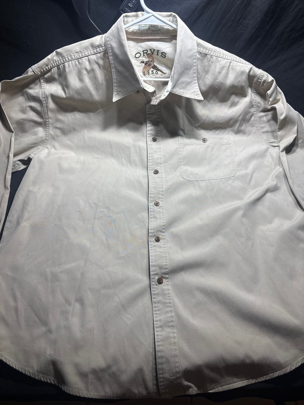 Orvis Men's XL Tan Beige Long Sleeve Button Up Shirt Embroidered 100% Cotton